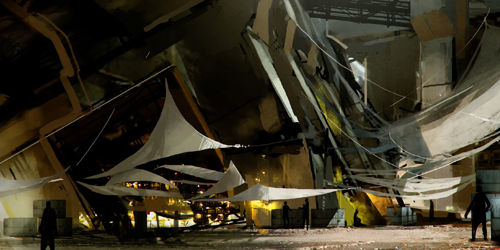 Concept art of the resistance camp from NieR:Automata.