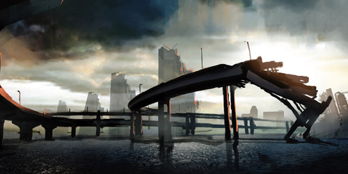 Concept art of the flooded city from NieR:Automata.