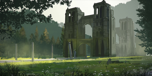Concept art of the forest kingdom from NieR:Automata.