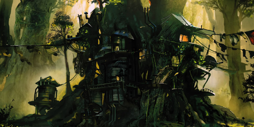 Concept art of Pascal's village from NieR:Automata.